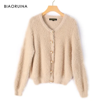 

BIAORUINA Women's Chic Beadings Single Breasted Fluffy Knitted Cardigan Female Elegant V-neck Plush Sweater New Arrival