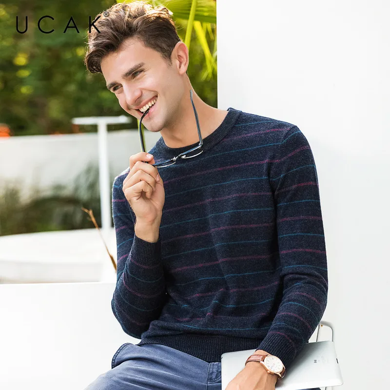 Reviews UCAK Brand Pure Merino Wool Sweater Men Casual Striped O-Neck Pullover Men Autumn Winter Warm Cashmere Sweaters Pull Homme U3073