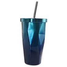 Стакан из нержавеющей стали с соломинкой-горячие и холодные Двойные Стенки Чашки для питья кофейные кружки 500 мл неровный алмаз с крышкой(синий