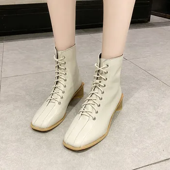 

COOTELILI Chelsea Boots 5cm High Heel boots Lace-Up Multicolor 2019 Shoes Ankle Boots Square Toe Feet Length Boots For Women