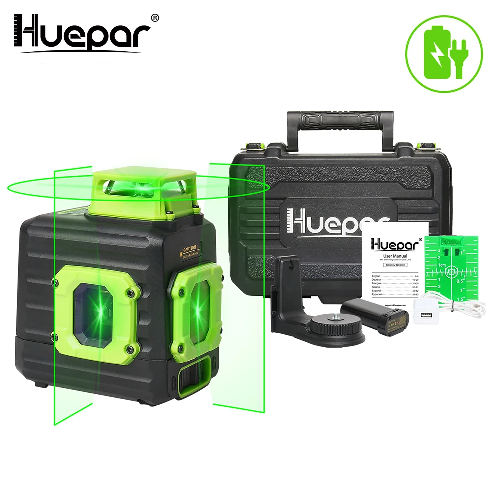 Huepar Cross Line Laser Level Green 360° Horizontal & Two Vertical Lines Self Leveling Li ion Battery Type C Charging Port & Har|Laser Levels| - AliExpress