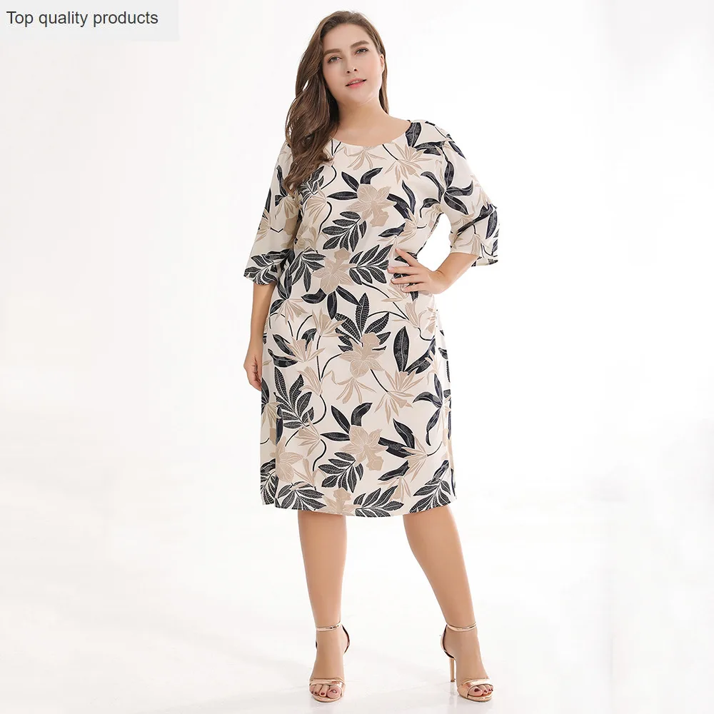 2020 New Summer Dress Fashion Trendy Temperament Print Plus Large Size Fat Round Neck Three Quarter Sleeve Women Dresses CW435 | Женская
