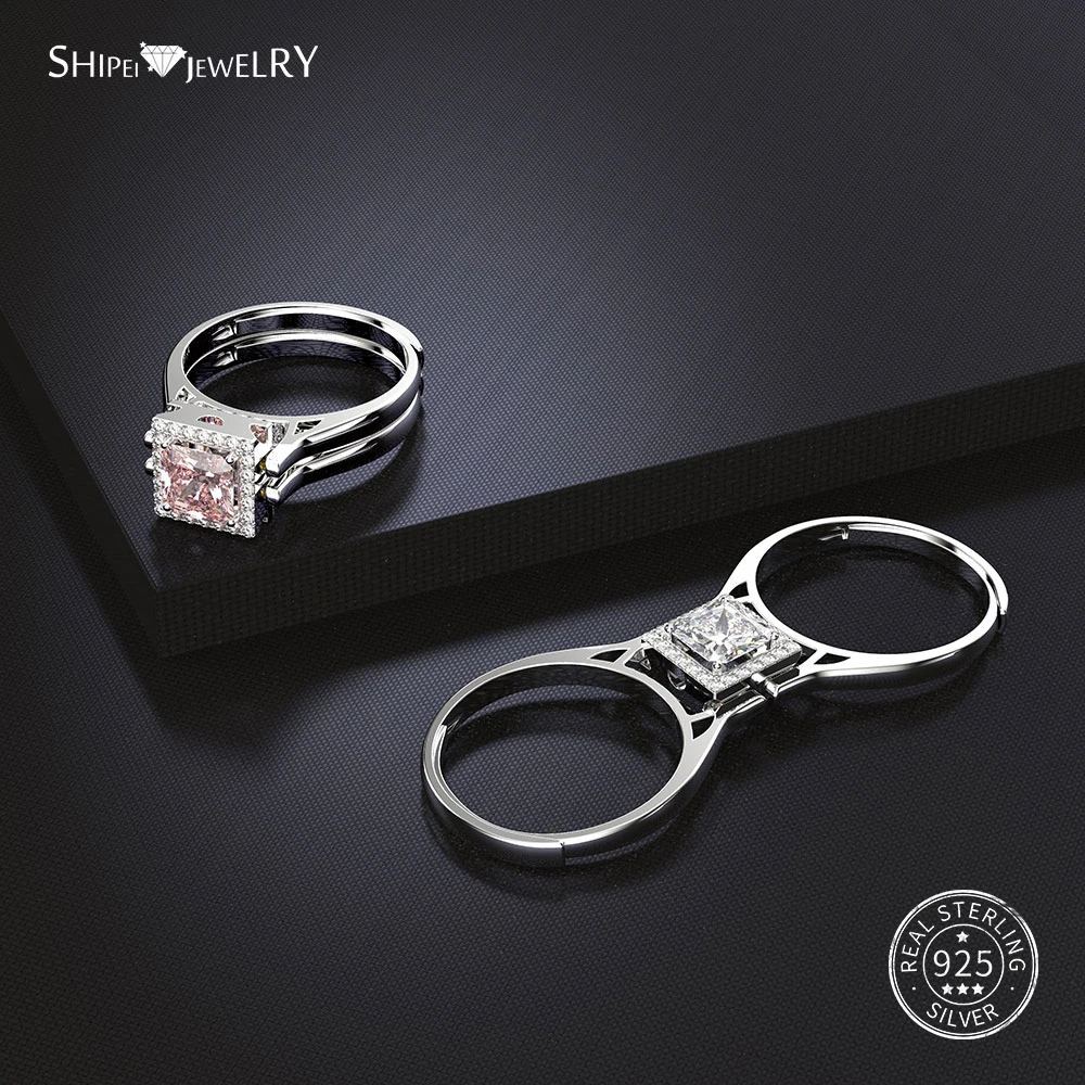 

Shipei 100% 925 Sterling Silver Unique Adjustable Clear Pink Sapphire Flip Engagement Wedding Ring for Women Anniversary Gift