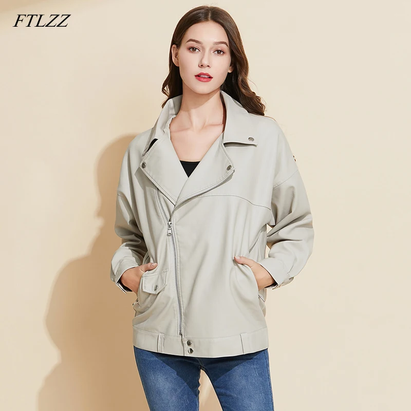 FTLZZ Autumn Women BF Style Loose Beige Faux Leather Jacket Casual Female Pu Soft Motorcycle Punk Coat Black Rivet Outwear | Женская