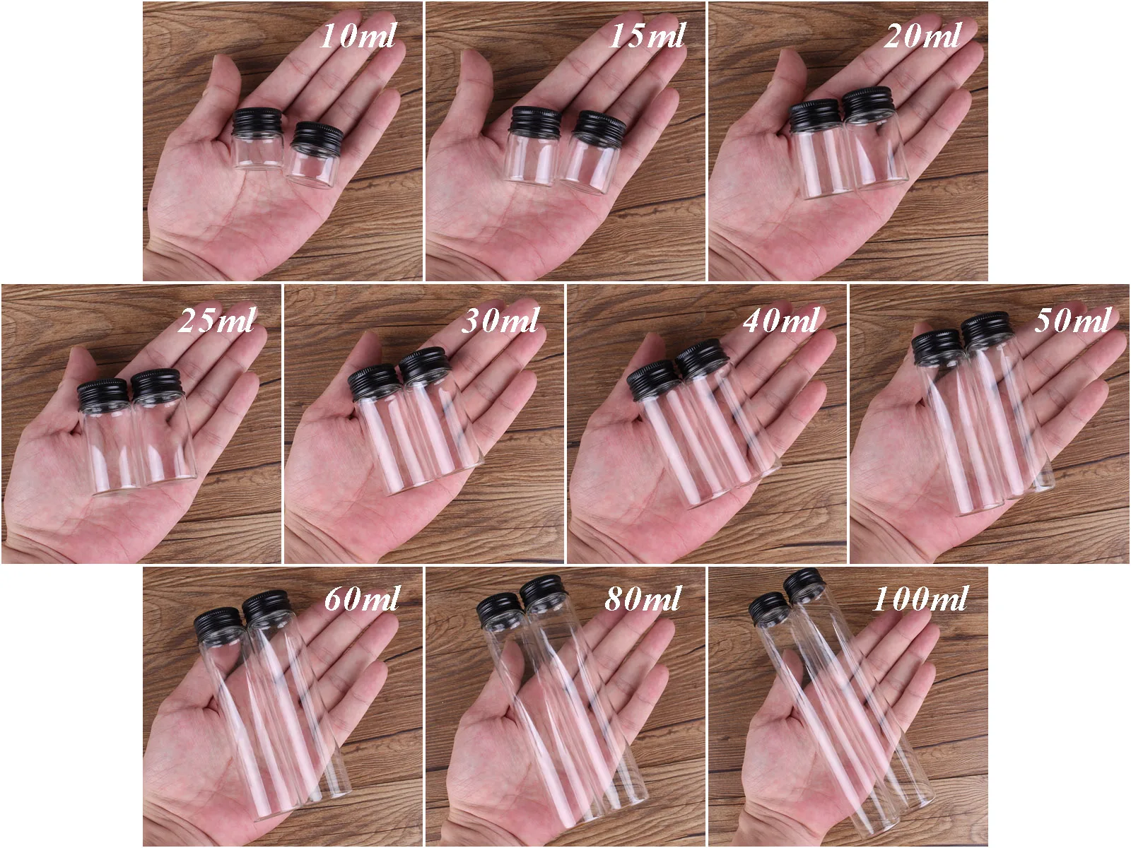 24pcs 10ml-100ml Glass Bottles with Black Aluminum Caps Spice Jar Glass Containers Decorative Bottles for Wedding Craft DIY Gift 3