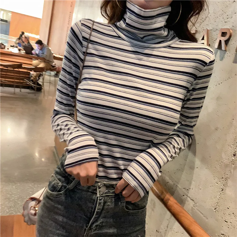 

Women Slim High Collar Autumn Top Contrast Color Stripes Print Long Sleeve Casual Simple Wild T-Shirt