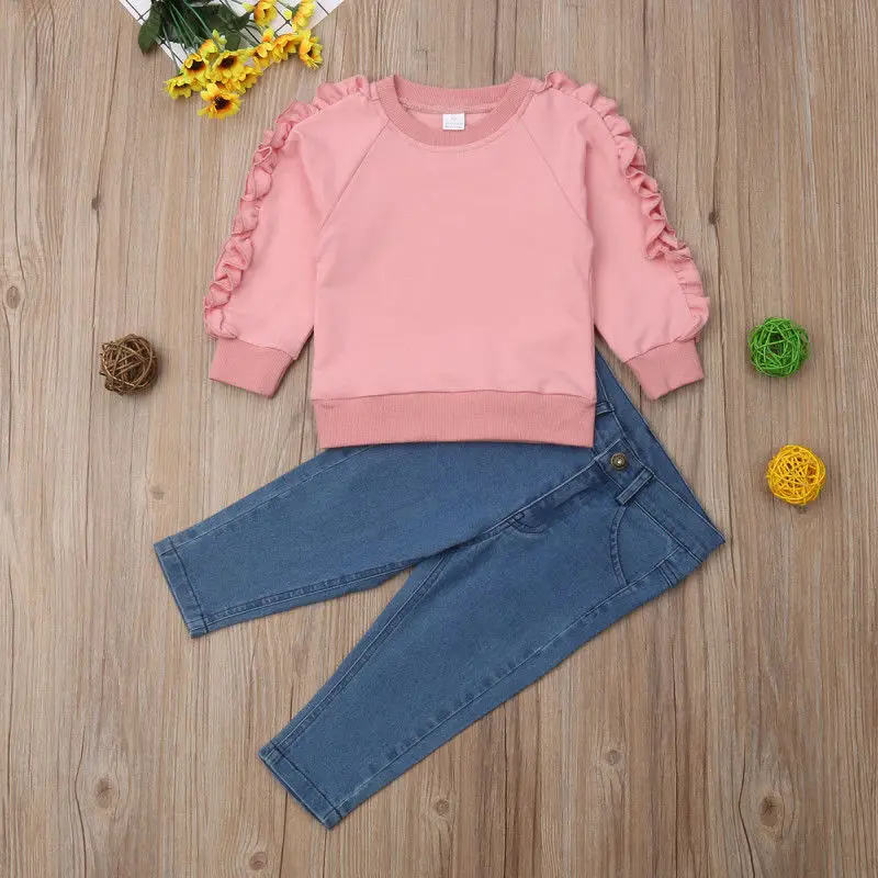 Pudcoco/Новинка года; модные топы с рюшами для маленьких девочек; рубашка джинсовые штаны; джинсы; теплая одежда для девочек - Цвет: Розовый