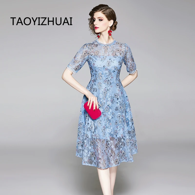TAOYIZHUAI/весеннее Новое повседневное длинное кружевное платье с высокой талией, с элегантными короткими рукавами, трапециевидный цветочный принт, милое Открытое платье vestidos