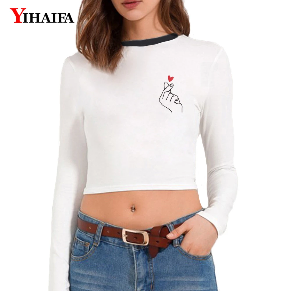 Женский укороченный топ YIHAIFA короткий с длинным рукавом и карманом в виде сердца