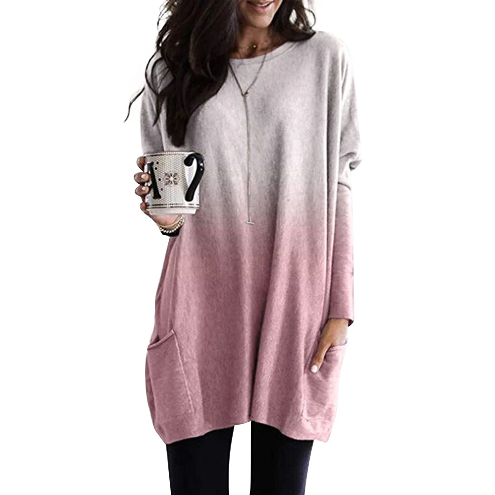 Градиентная Женская Осенняя блузка с карманами, пуловер с длинным рукавом и круглым вырезом, футболки, женские повседневные свободные топы, Camisa De Mujer D30 - Цвет: Розовый