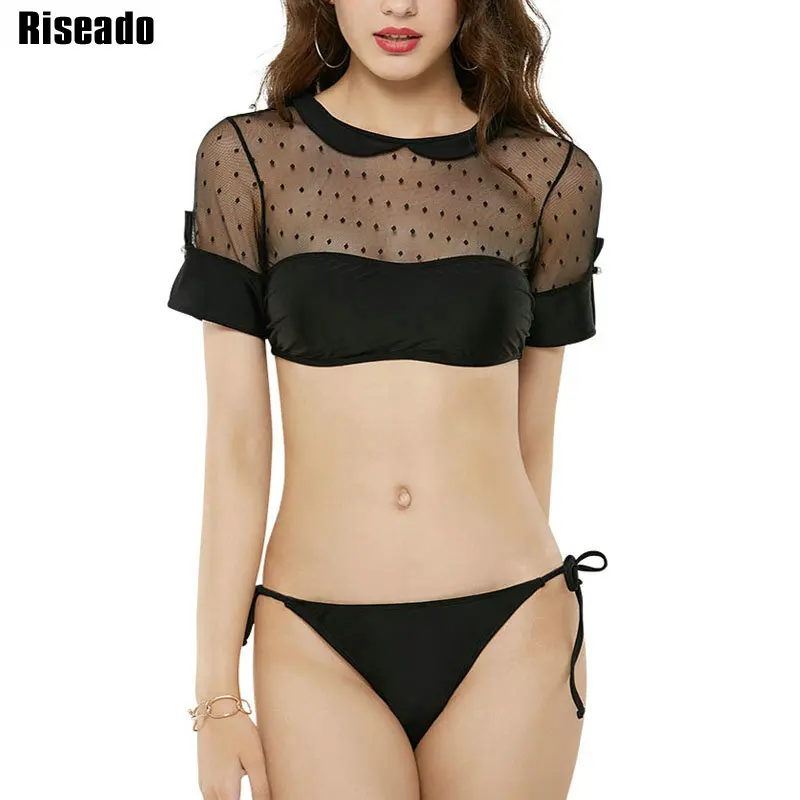 

Riseado Mesh Two-piece Swimsuit Women 2020 Black Bikini Set Sexy Bathing Suits Fashion Dot Beach Wear Short Sleeve Swimwear