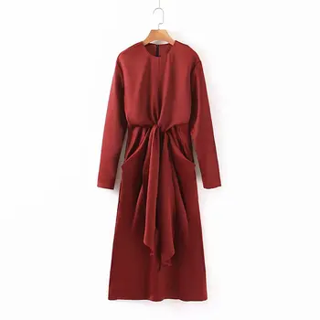 

women satin smooth dress 2019 fashion ladies red solid flare full sleeve draped bow open female highstreet elegant graceful chic