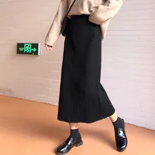 Однотонная повседневная юбка средней длины, женская зимняя теплая трикотажная плотная прямая юбка средней длины в рубчик, черная юбка средней длины