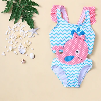 

0-6Y Cute Swimsuit For Baby Girls Bikini Whale Applique Bowknot Fly Sleeve Swimwear Ruffle One-piece Swimming Suit Beachwear