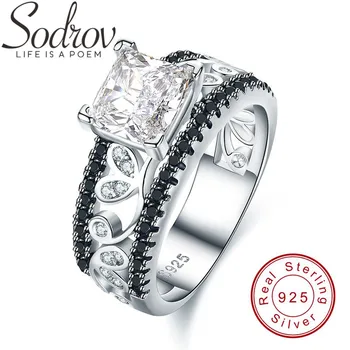 

SODROV 2019 Real 925 Sterling Silver Fine Jewelry Trendy Engagement Bague Black Spinel Leaf Women's Wedding Ring C020