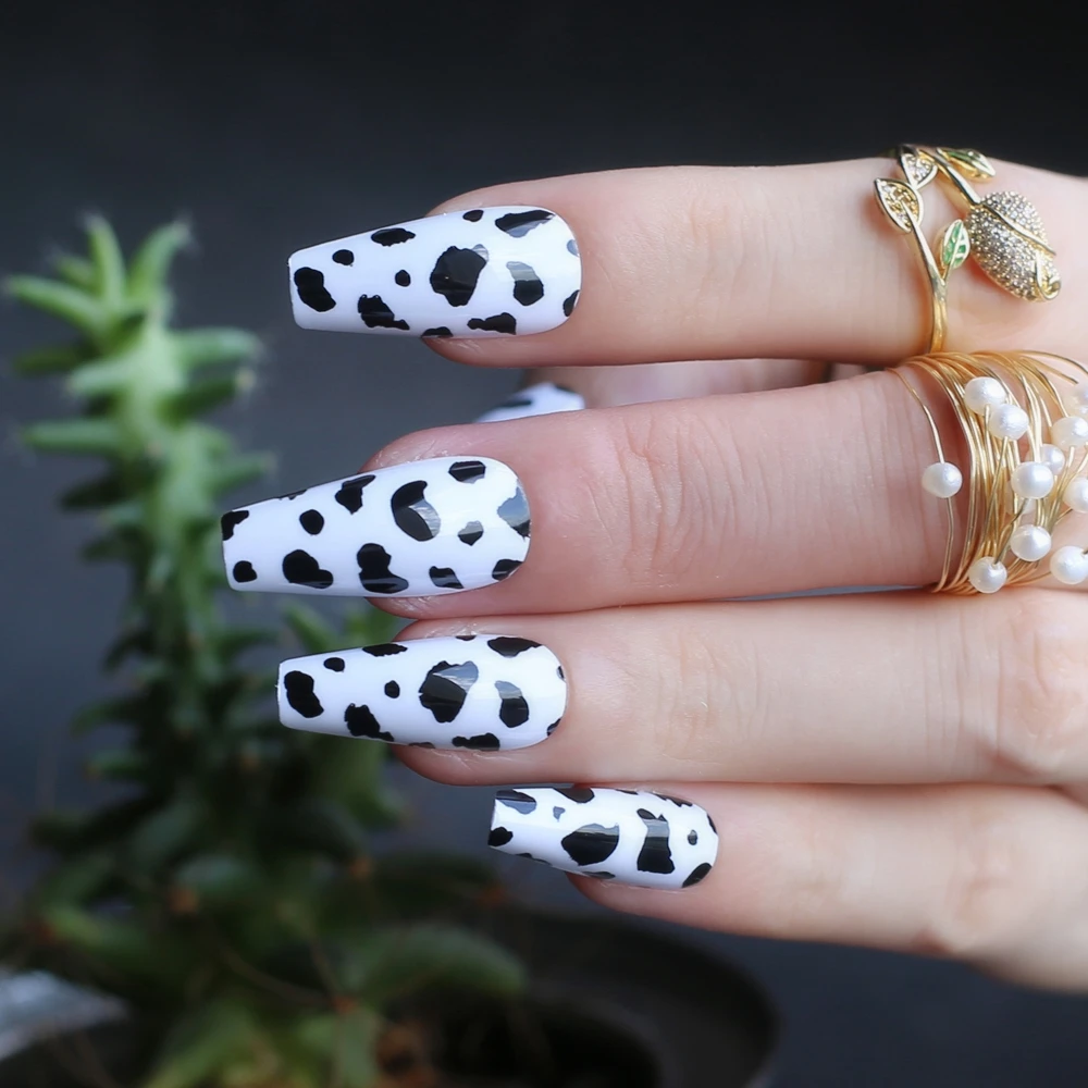 Cow Print Fake Nails Medium Coffin False Nail Acrylic Uv Design Gel Popular  Black Spots White Art Design Ballet - False Nails - AliExpress