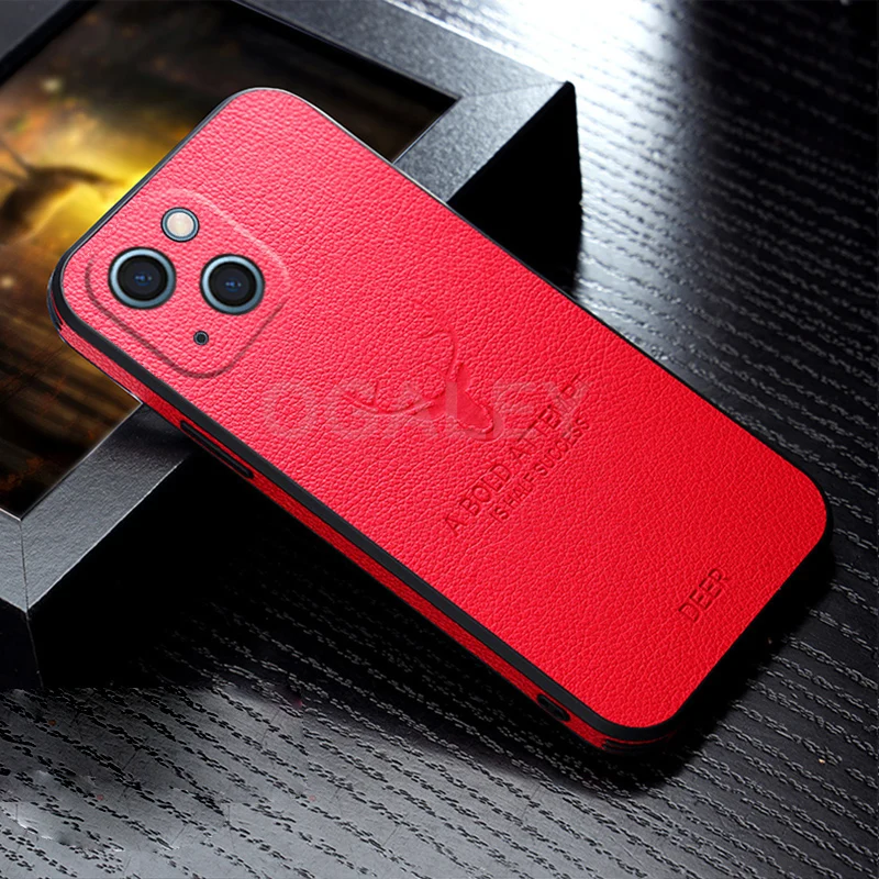 Square Leather Cover For iPhone 12 Pro Max 13 Pro Case For iPhone 13 11 Pro Max XS 12Pro X XR Cover Luxury Shockproof Deer Cases iphone 13 mini case clear