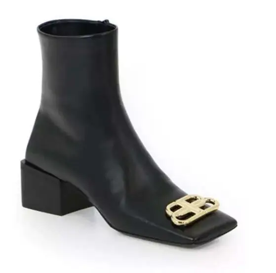 

Moraima Snc Newest Square Toe High Heel Boots Metal Decorations Thick Heels Woman Ankle Boots Runway Motorcycle Leather Boots