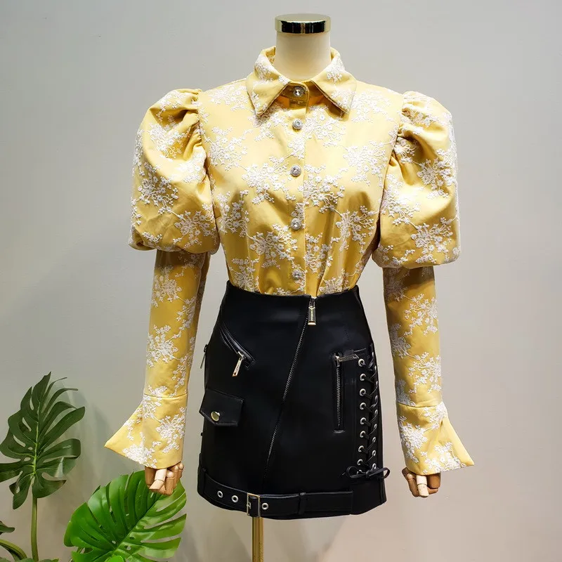 

Fashion Women's Single-Breasted Vintage Shirt Female Designer Lantern Sleeve Turn-Down Collar Spring Women Embroidered Shirt
