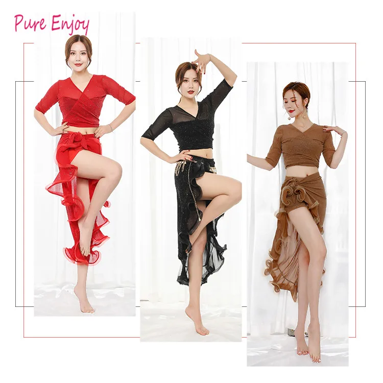 Belly dance new short skirt strap adjustable hip scarf skirt performance suit female belly dance practice clothes suit set