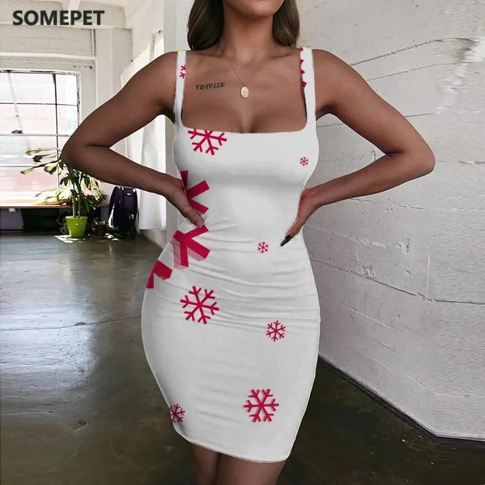 

SOMEPET Christmas Dress Women Snowflake Sundress Painting 3d Print Harajuku Halter Sleeveless Womens Clothing Party Vintage Boho