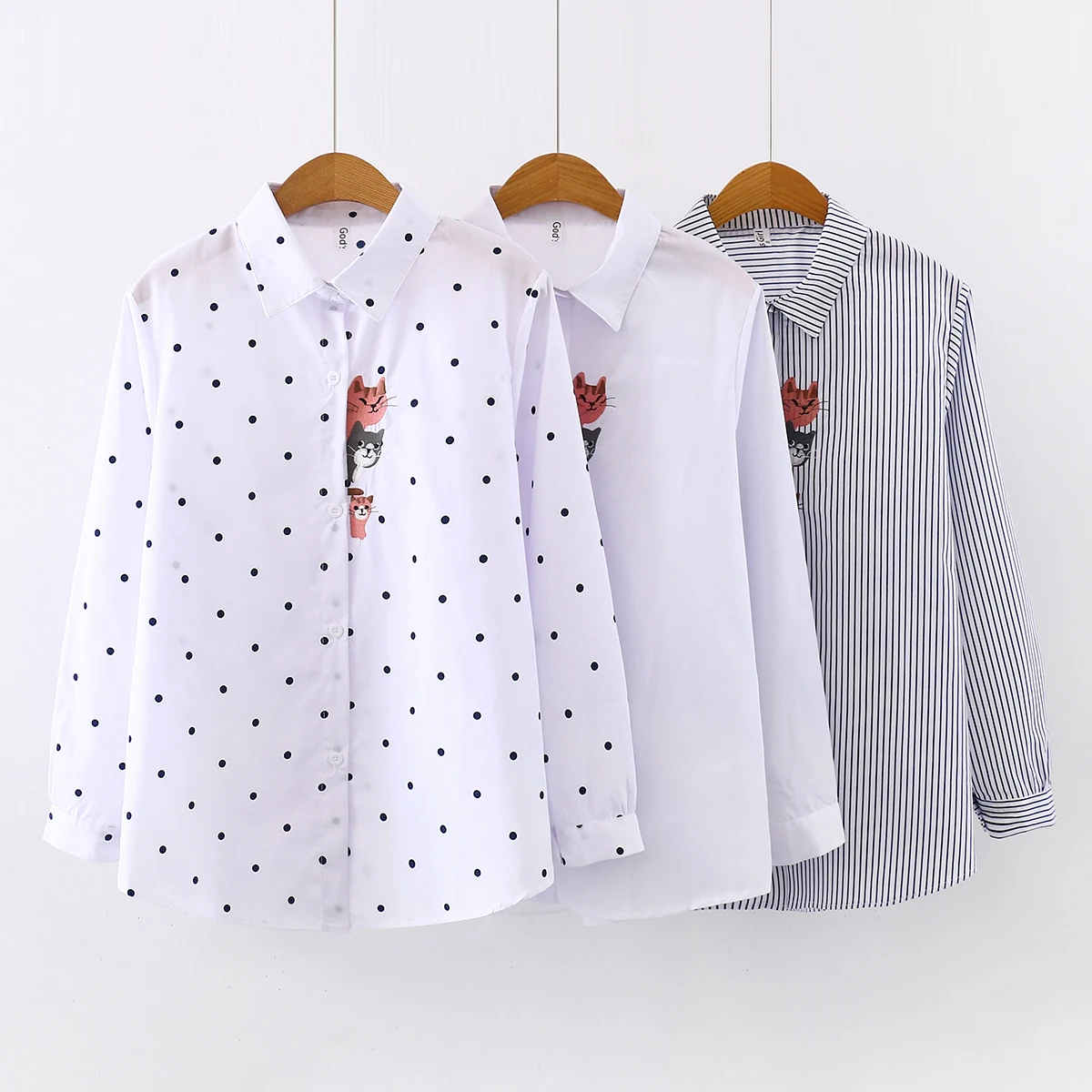 

2020 Summer Autumn Embroidery Cartoon Cat Shirts Woman's Korean Shirts Female Long Sleeve Button White Striped Shirt and Blouse