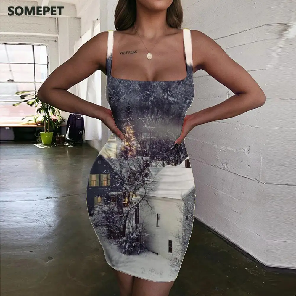 

SOMEPET Christmas Dresses Women Trees Ladies Dresses Houses Bodycon Dress Landscape 3d Print Womens Clothing Summer New Beach