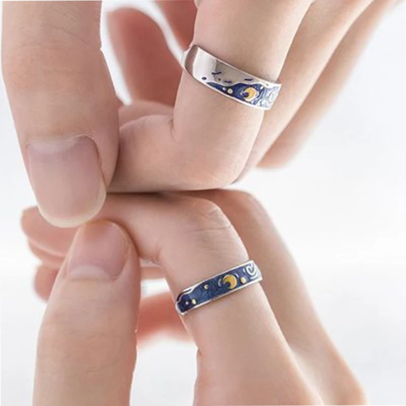Qevila Real 100% 925 Sterling Silver Ring Van Gogh Open Rings Starry Sky Moon Adjustable Ring For Women Lover Men Romantic Gifts (10)