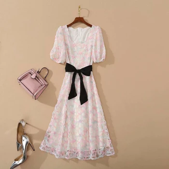 

HIGH QUALITY New 2020 Fashion Designer Runway Dress Women's Square Collar short Sleeve Sashes Appliques Gauze Dress