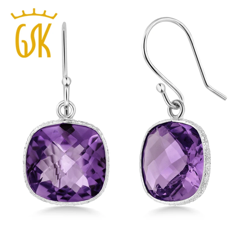 GemStoneKing 925 пробы серебряные серьги для женщин 10,00 ctw натуральная Подушка цвета аметиста шахматная доска висячие серьги