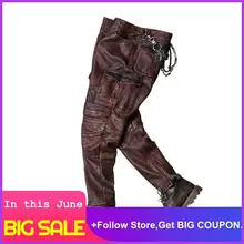 2020 pantalones de cuero de motociclista gris Vintage para hombre de gran tamaño XXXXL cuero de vaca genuino otoño Slim Fit pantalones de cuero de motocicleta