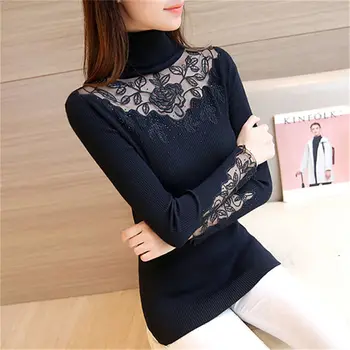 

Korea Autumn Winter Solid Turtleneck Pullovers Sweaters Women Spring Sexy Burgundy Embroidery Lace Knitted Slim Sweater Female