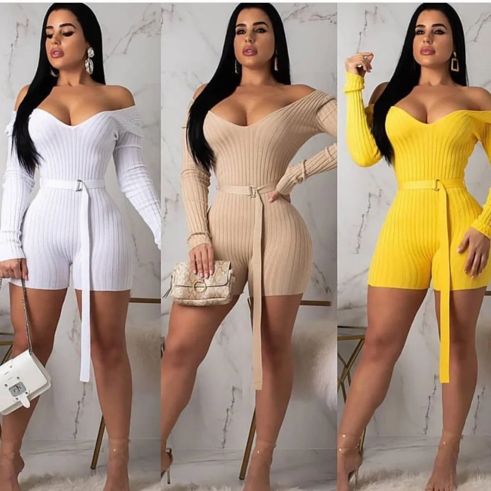 Women sexy long sleeve bodycon jumpsuit sashes sexy solid shorts jumpsuit body femme DA8118
