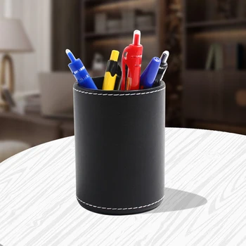 

Pen Holder Storage Box PU Leather Desktop Organizer Modern Makeup Brush Bedroom School Business Portable For Home Office Round
