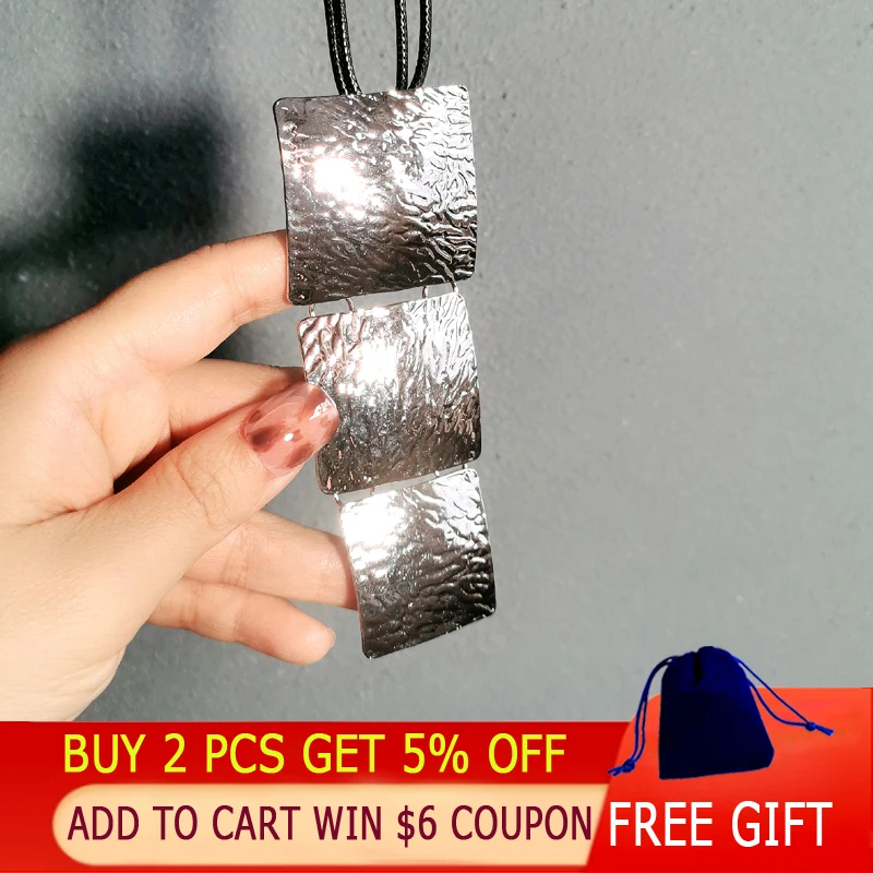 SINLEERY Sexy Big Square Long Pendant Necklace Black Leather Chain Maxi Statement Jewelry For Women XL176 SSF - Image 2