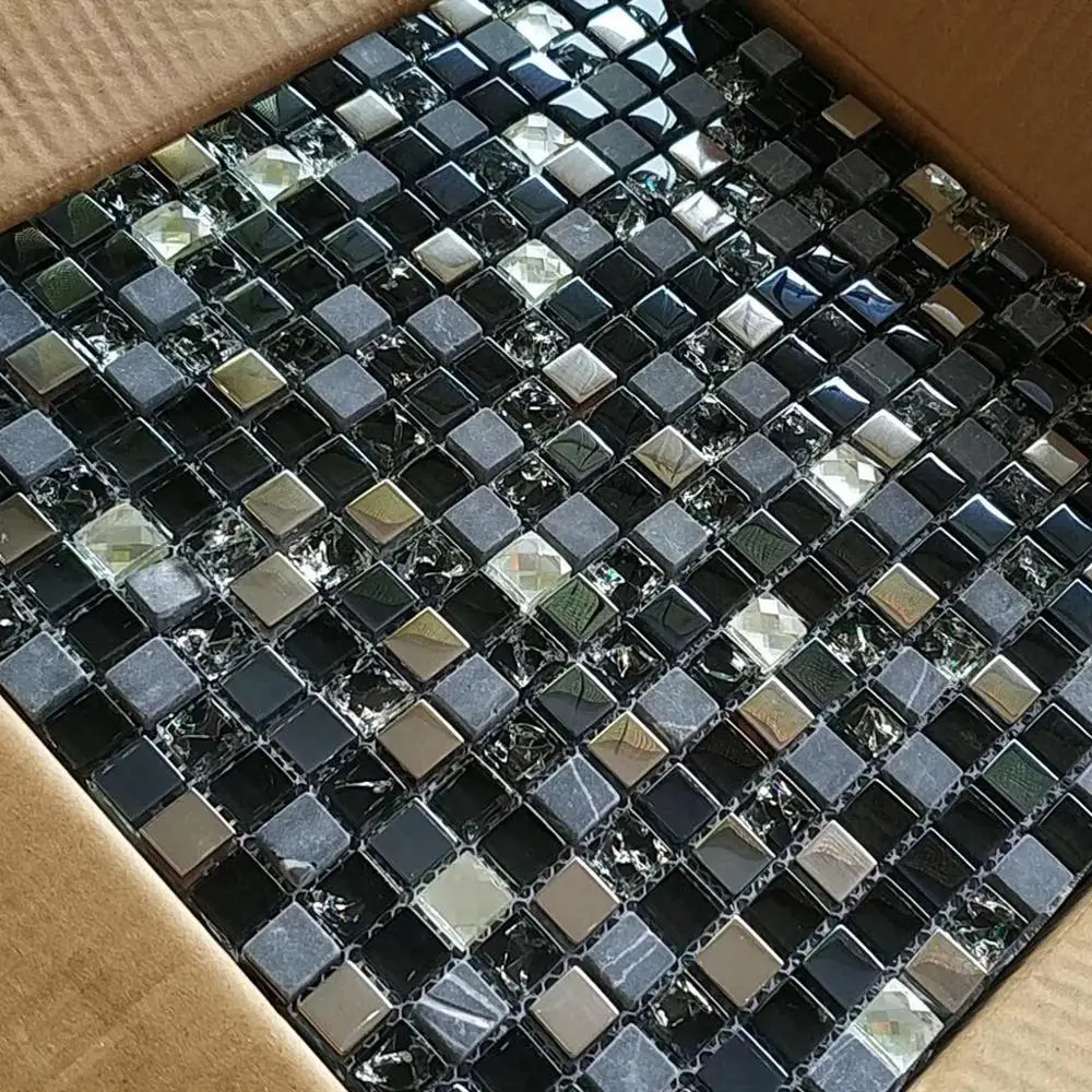 Luxury Black Stone Glass mixed Mirror Mosaic Tiles for Kitchen