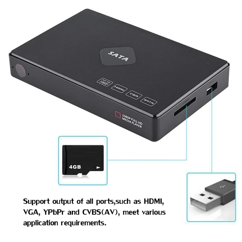 Mini Full HD 1080P 2.5 Inch SATa HDD Player Video Audio Media with HDMI/VGA/AV/USB/SD/MMC/Optical Output EU Plug