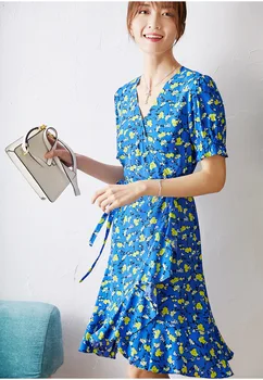 

Women Dress Blue Small Floral Dress Women's Short Sleeve Ruffle Dress