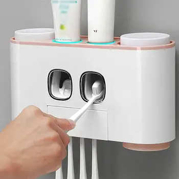 

Double Automatic Toothpaste Squeezer 4 Cups Anti-dust Toothbrush Holder Rack Set Bathroom Auto Squeezing Toothpaste Dispenser