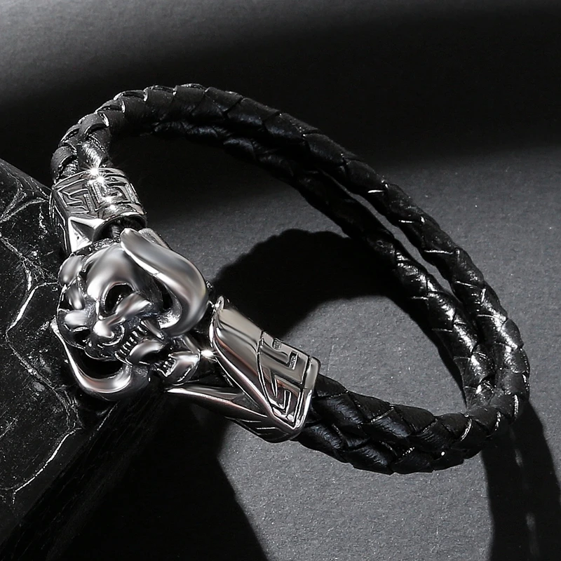Leather Bracelet Fashion Bangle Men Jewelry Black Double Layer Stainless Steel Punk Daemon Charm Current PS1018