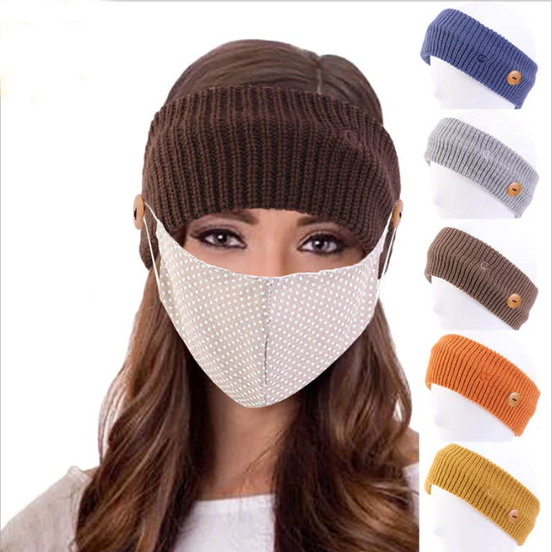 

2021 new Mask anti-leak button wool headband knitted handmade headband warm hair accessories cross ear protection headgear