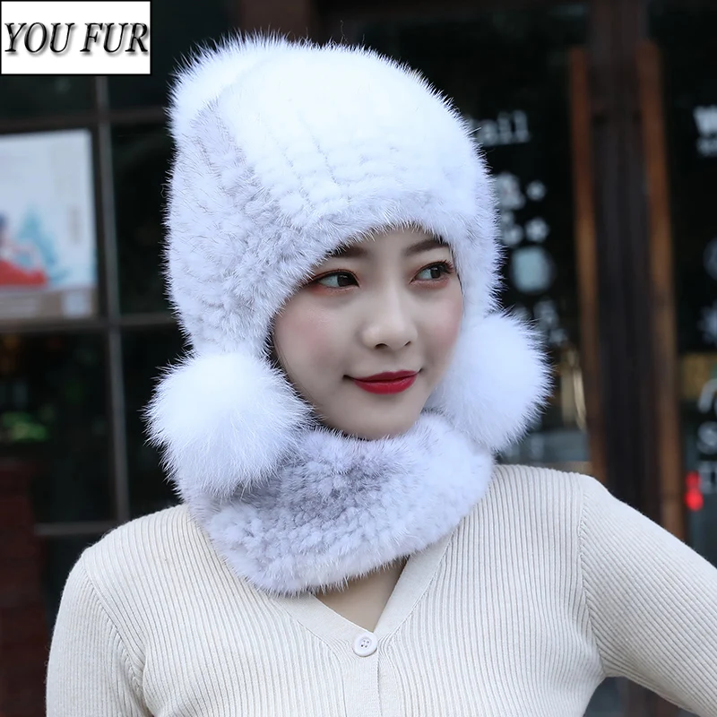 

New Good Elastic Genuine Fur Scarves Hats Sets Women Hand Knitted Real Mink Fur Hat Scarf Set Winter Girls Real Fur Muffle Cap