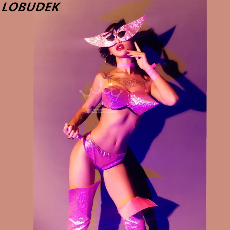 

PU Leather Pink sparkle Bikini Set Female Nightclub Clothing Models Catwalk Stage Costume Teams Jazz Modern Dance Outfits Party