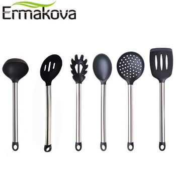 

ERMAKOVA Set of 6 Cooking Utensils Nonstick Pasta Fork Turner Spatula Lad Kitchen Utensils Silicone Stainless Steel Cooking Tool