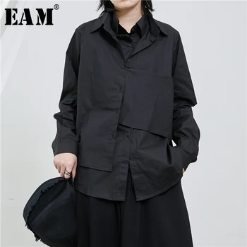 

[EAM] Women Black Layer Split Joint Temperament Blouse New Lapel Long Sleeve Loose Fit Shirt Fashion Spring Autumn 2020 1T236