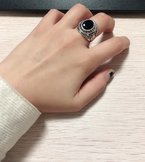 Мужские и женские винтажные кольца серебряного цвета Овальный обсидиан панк рок