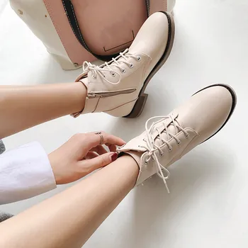 

Autumn 2019 Lace Up Buckle Strap Chunky Heels White Black Cross Tie Womens Shoes Ankle Motorcycle Military Combat Boots