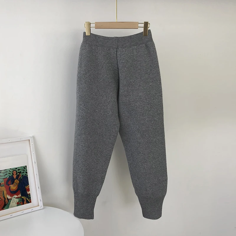 Aachoae 2020 Autumn Winter Knitted Pants Women Elastic Waist Drawstring Trousers Long Pencil Pants With Pockets Ladies Bottoms