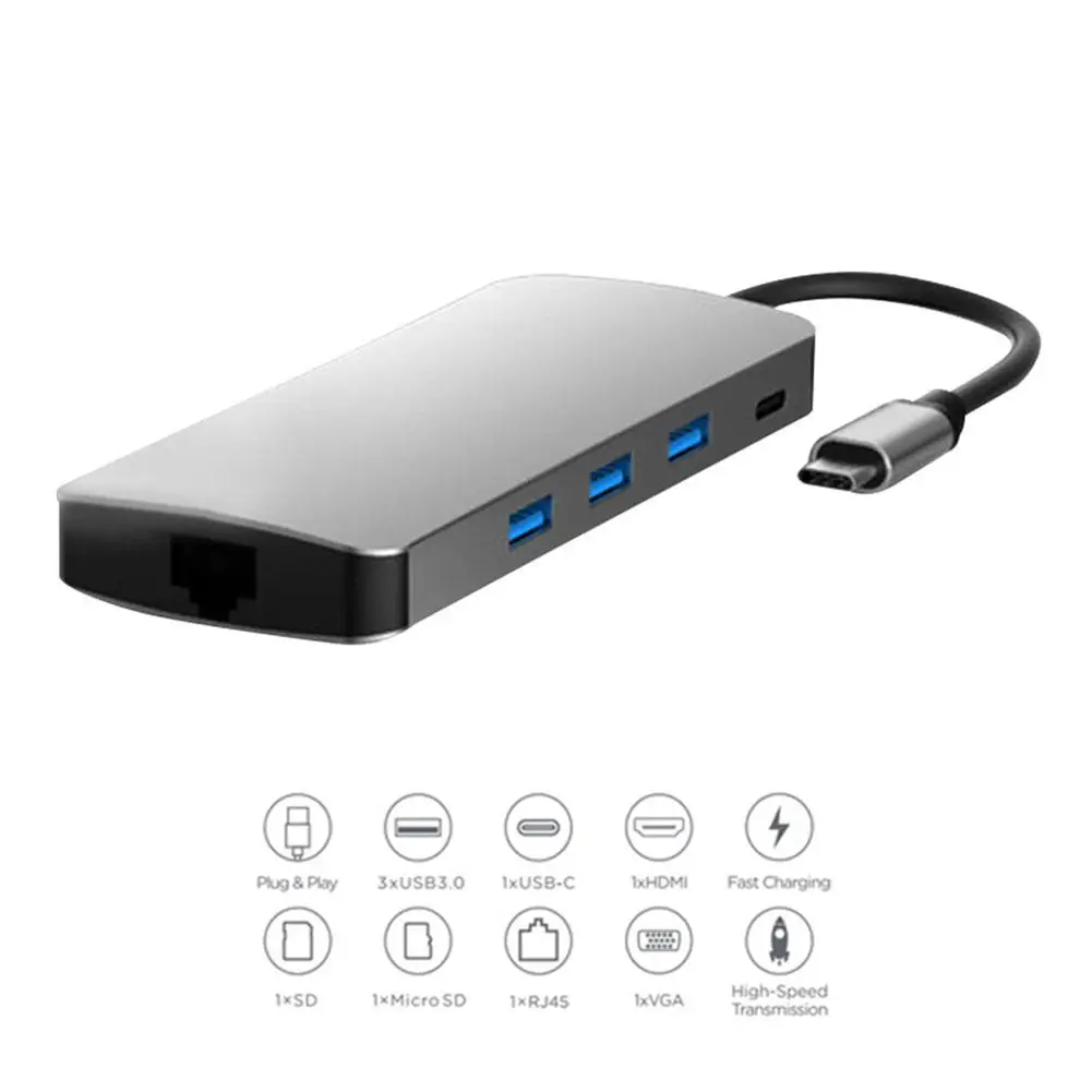 

Docking Station Concentrator - Type-C Hub 9-in-1 For Macbook Converter To SD Card RJ45 Hdmi Vga