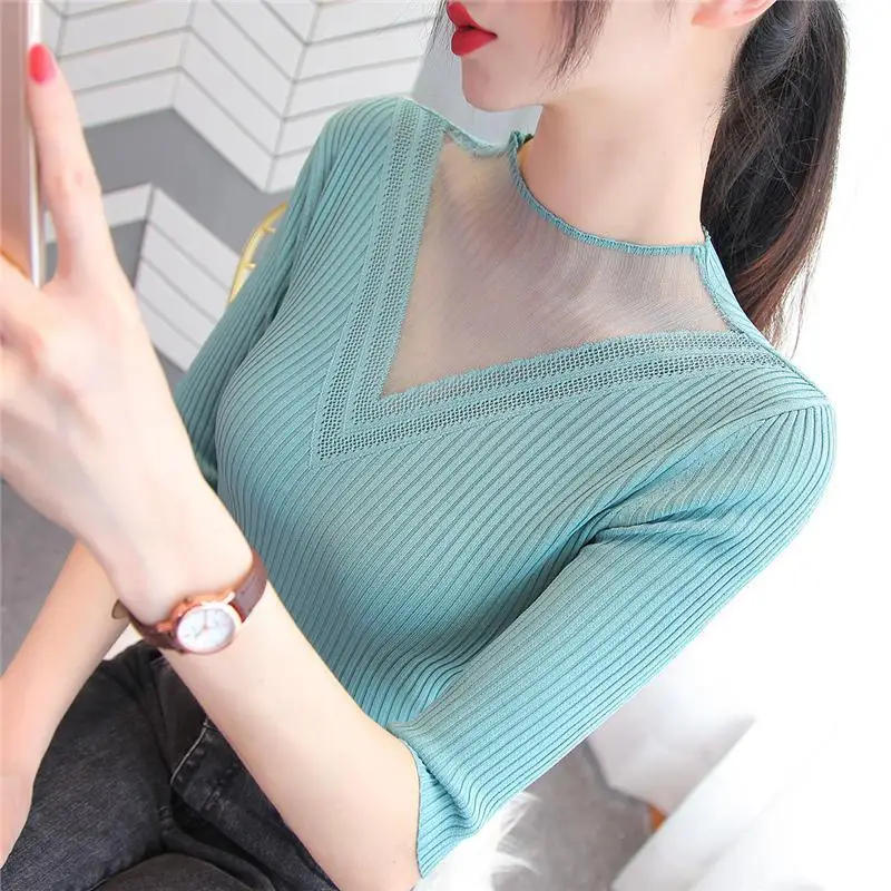 

Ice Silk V-neck Hollow Out Stitching Lace Short Sleeve T-shirt Women's Summer New Pullover Half Sleeve Knitted Bottoming Shirt